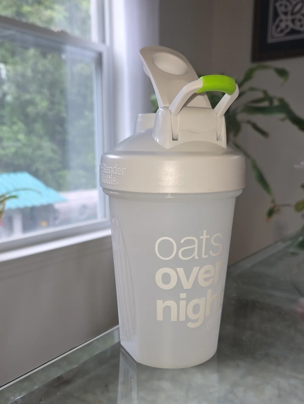 Matte White Shaker Bottle with Lime Green Carry Accent Blender